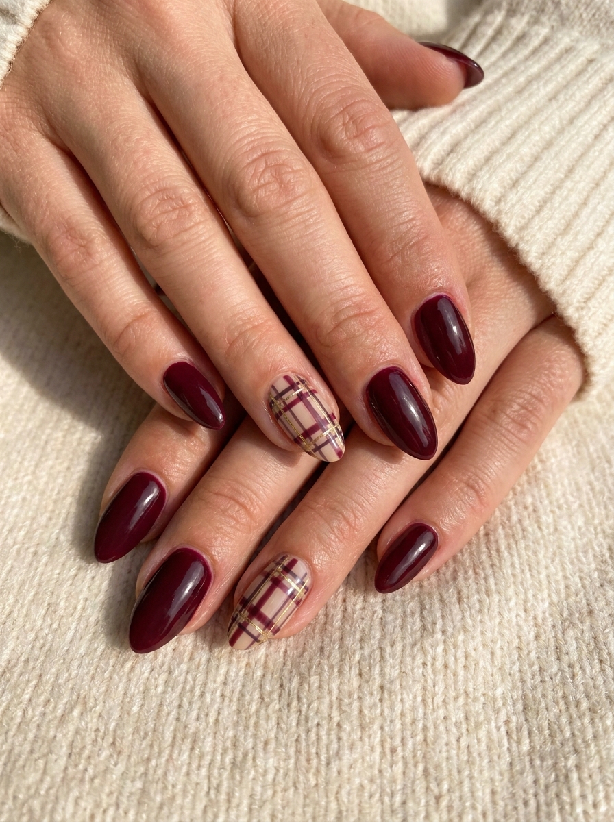 Burgundy Plaid Accent Nails – gepflegte Nagelidee 2026